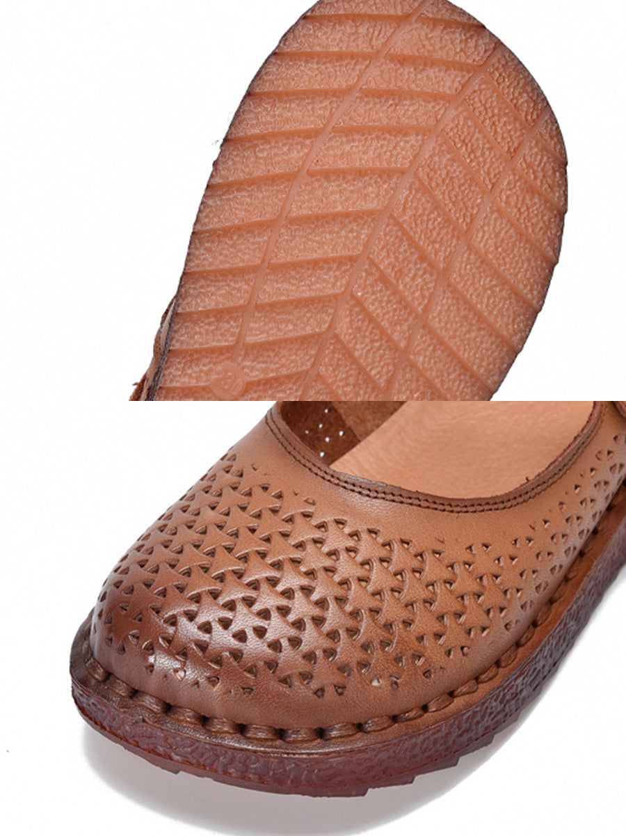 Women Ethnic Genuine Leather Hollow Out Low Heel Shoes