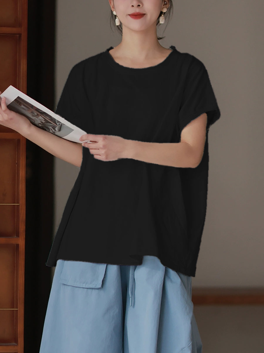 Plus Size Women Spring Casual Pure Color O-Neck 100%Cotton Shirt