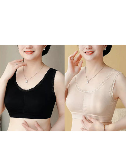 2 Pieces Women One-Piece With Bra Pad Lace Pure Color Bar