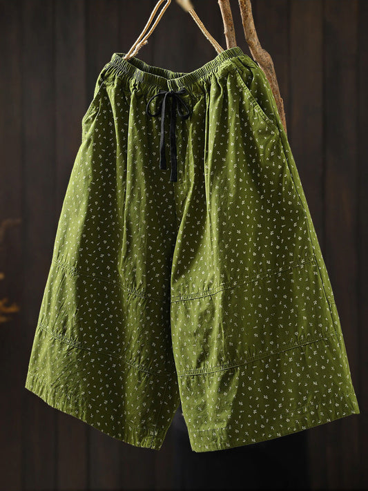 Plus Size Women Summer Floral Artsy Cotton Wide-Leg Pants