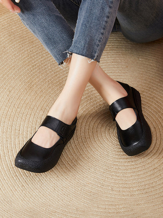 Women Casual Summer Pure Color Genuine Leather Flat Shoes