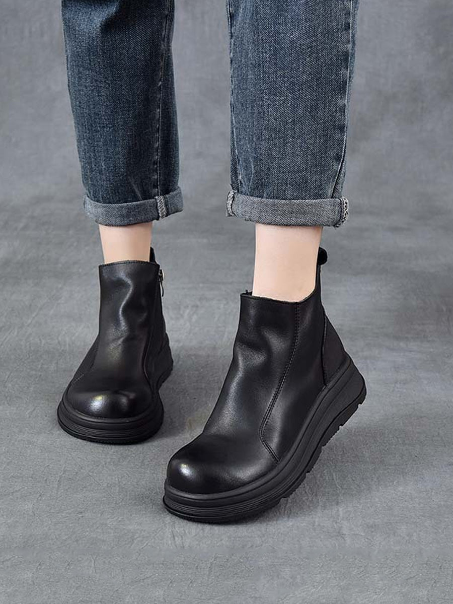 Women Winter Pure Color Leather Platform Chelsea Boots