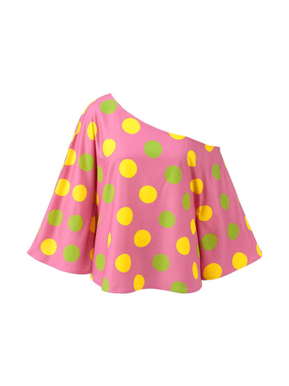 Long Sleeves Loose Asymmetric Polka-Dot One-Shoulder Blouses&Shirts Tops