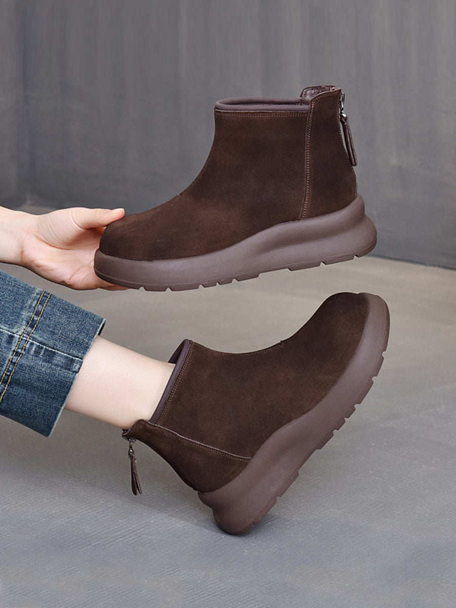 Women Vintage Genuine Leather Platform Ankle Boots