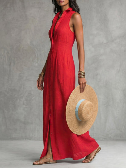 A-Line High Waisted Buttoned Pockets Solid Color Lapel Maxi Dresses Shirt Dress