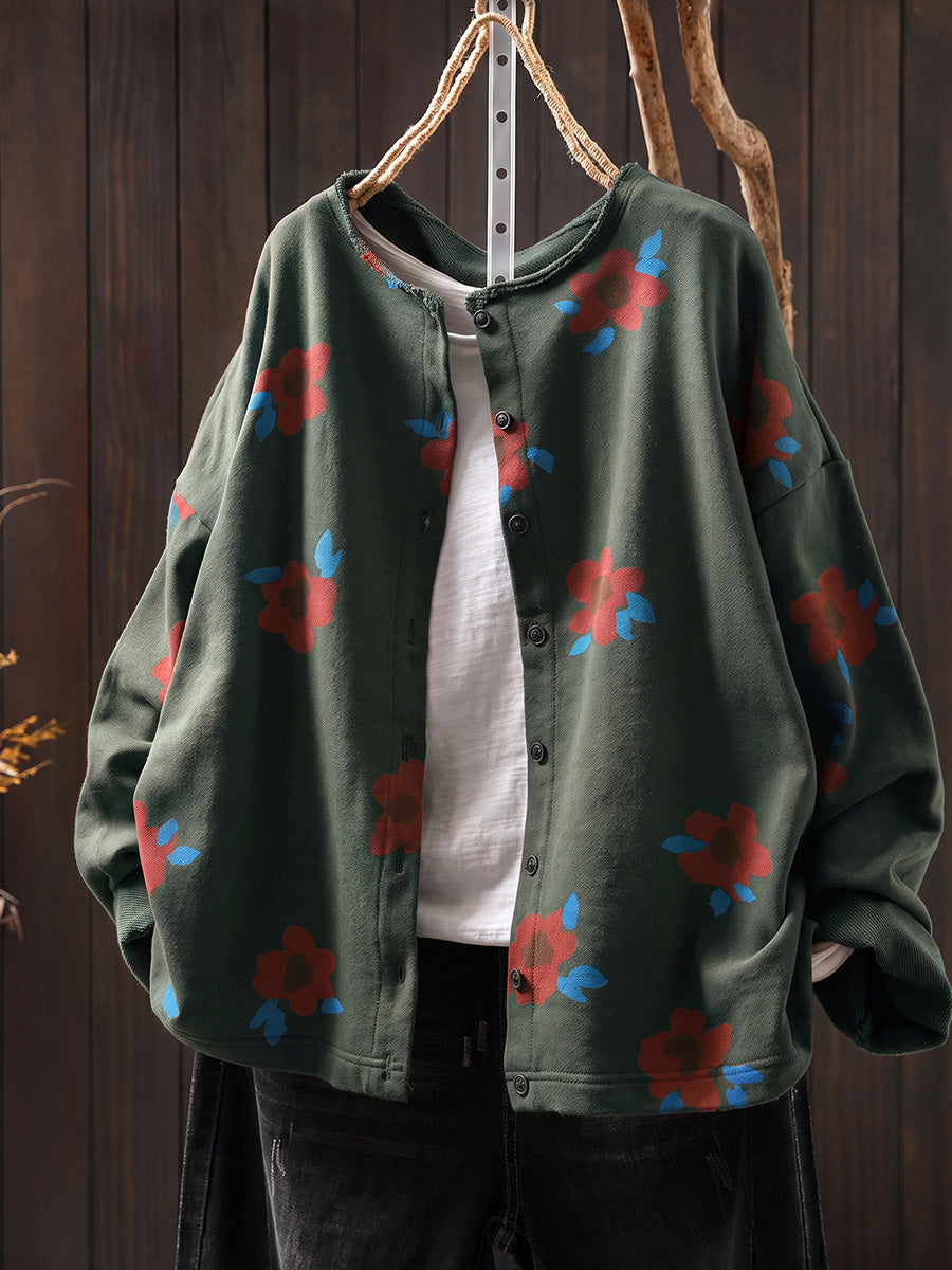 Plus Size Women Autumn Artsy Flower Print Cotton Cardigan Shirt