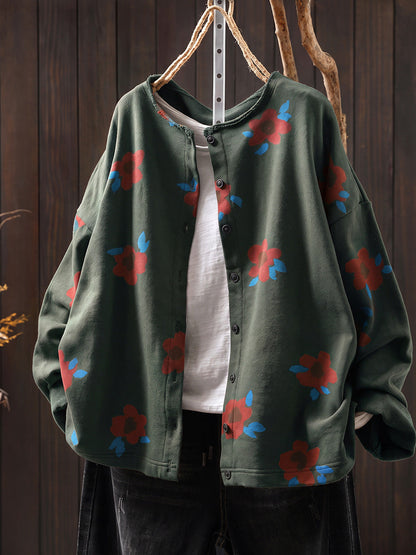 Plus Size Women Autumn Artsy Flower Print Cotton Cardigan Shirt