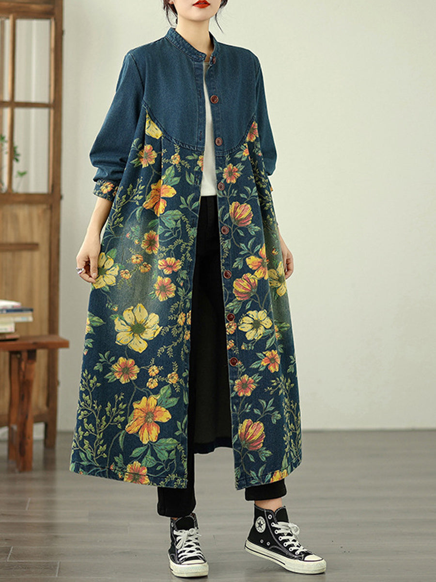 Women Autumn Denim Flower Stand Collar Coat