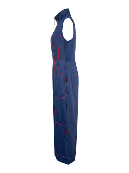 High Waisted Sleeveless Pockets Zipper Stand Collar Jumpsuits