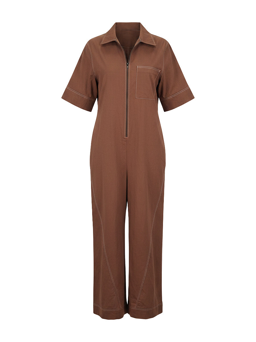 Loose Short Sleeves Pockets Solid Color Zipper Stand Collar Jumpsuits