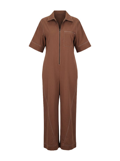 Loose Short Sleeves Pockets Solid Color Zipper Stand Collar Jumpsuits