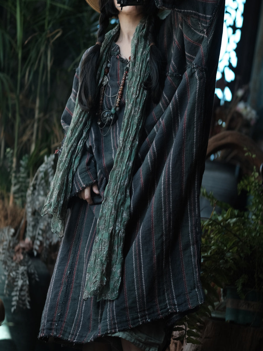 Women Autumn Retro O-Neck Stripe Dress