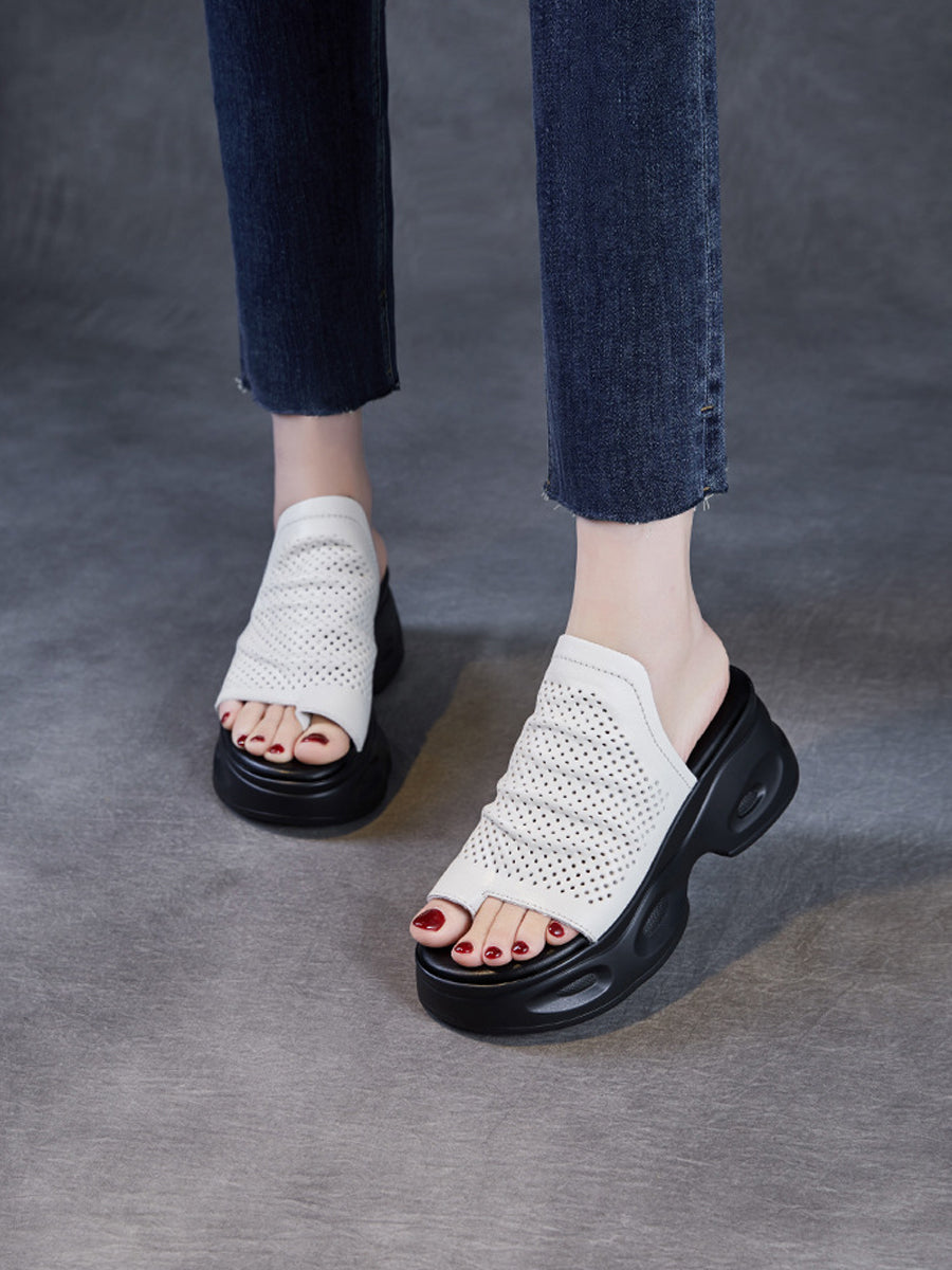 Women Summer Casual Genuine Leather Platform Slippers