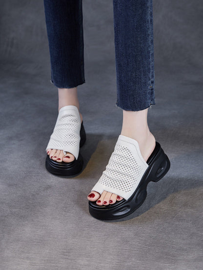Women Summer Casual Genuine Leather Platform Slippers