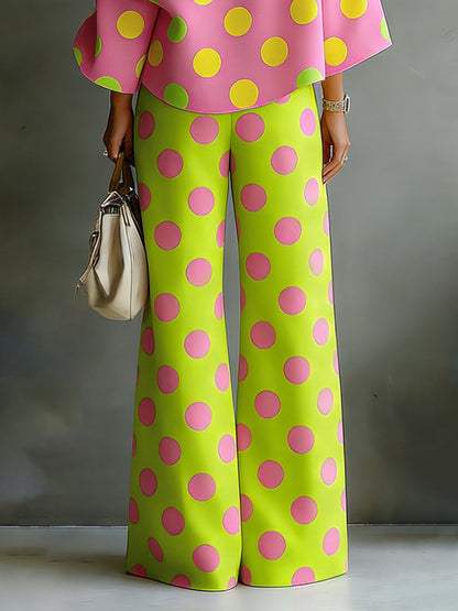 Loose Wide Leg Buttoned Pockets Polka-Dot Pants Trousers
