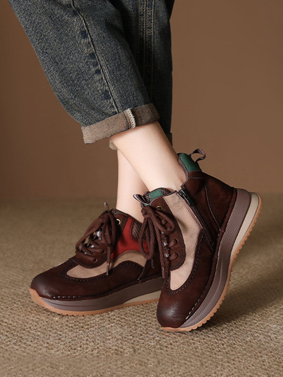 Women Vintage Genuine Leather Spliced High-top Shoes