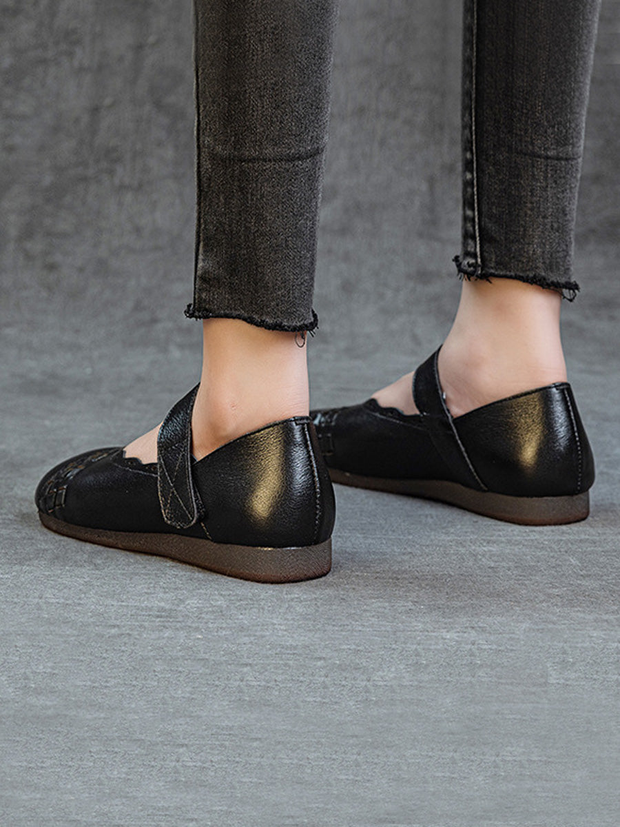 Women Summer Genuine Leather Weave Flat Shoes