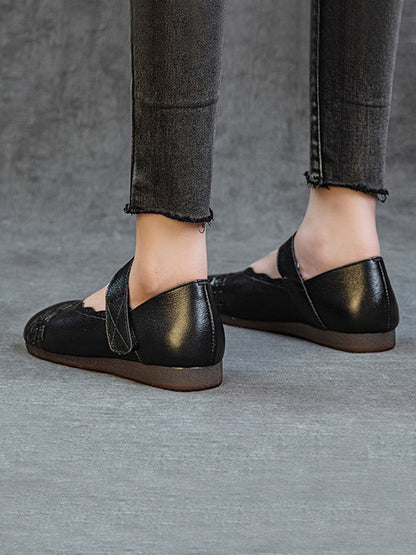 Women Summer Genuine Leather Weave Flat Shoes
