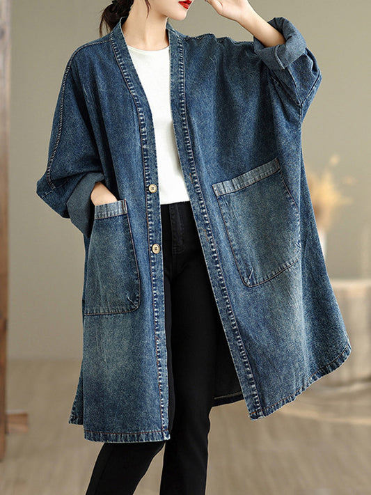 Women Autumn Vintage Denim V-Neck Coat