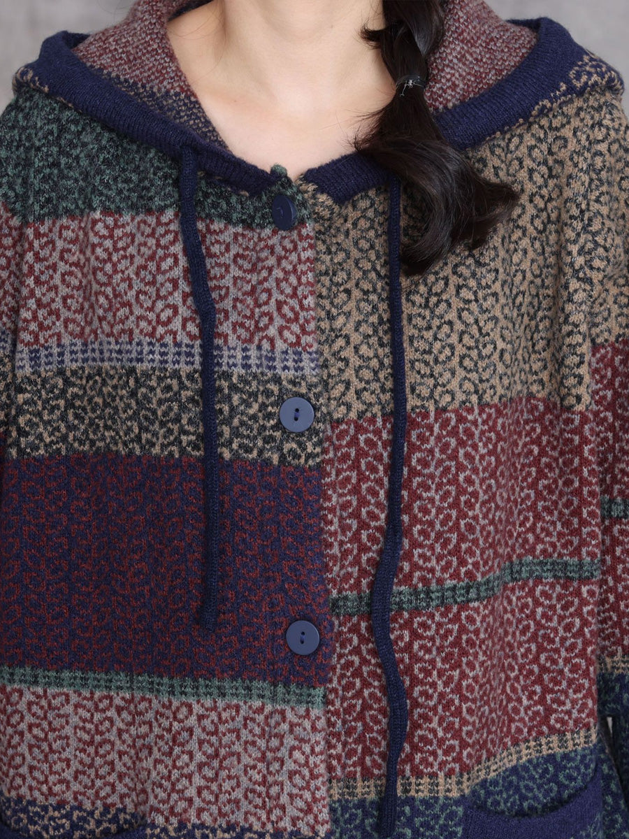 Women Retro Winter Colorblock Knitted Hooded Wool Coat
