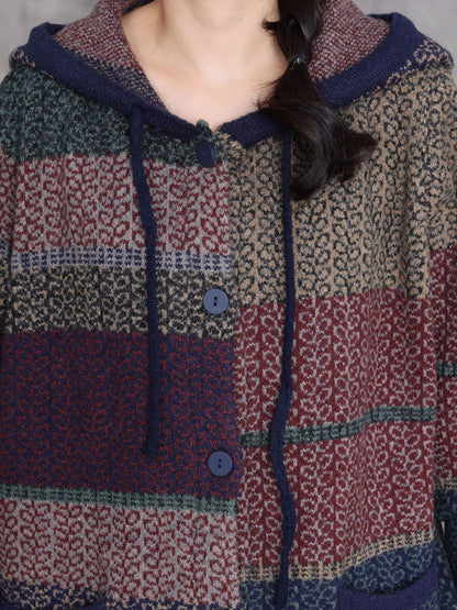 Women Retro Winter Colorblock Knitted Hooded Wool Coat