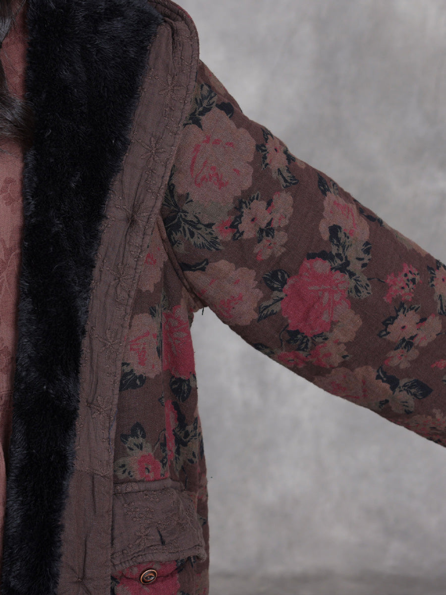 Women Winter Retro Flower Cotton Hooded Coat