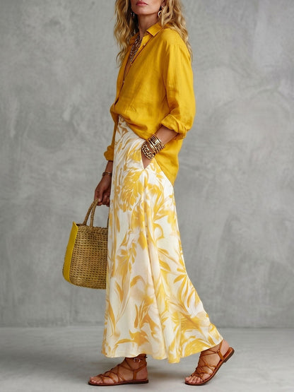 A-Line High Waisted Contrast Color Flower Print Pockets Skirts