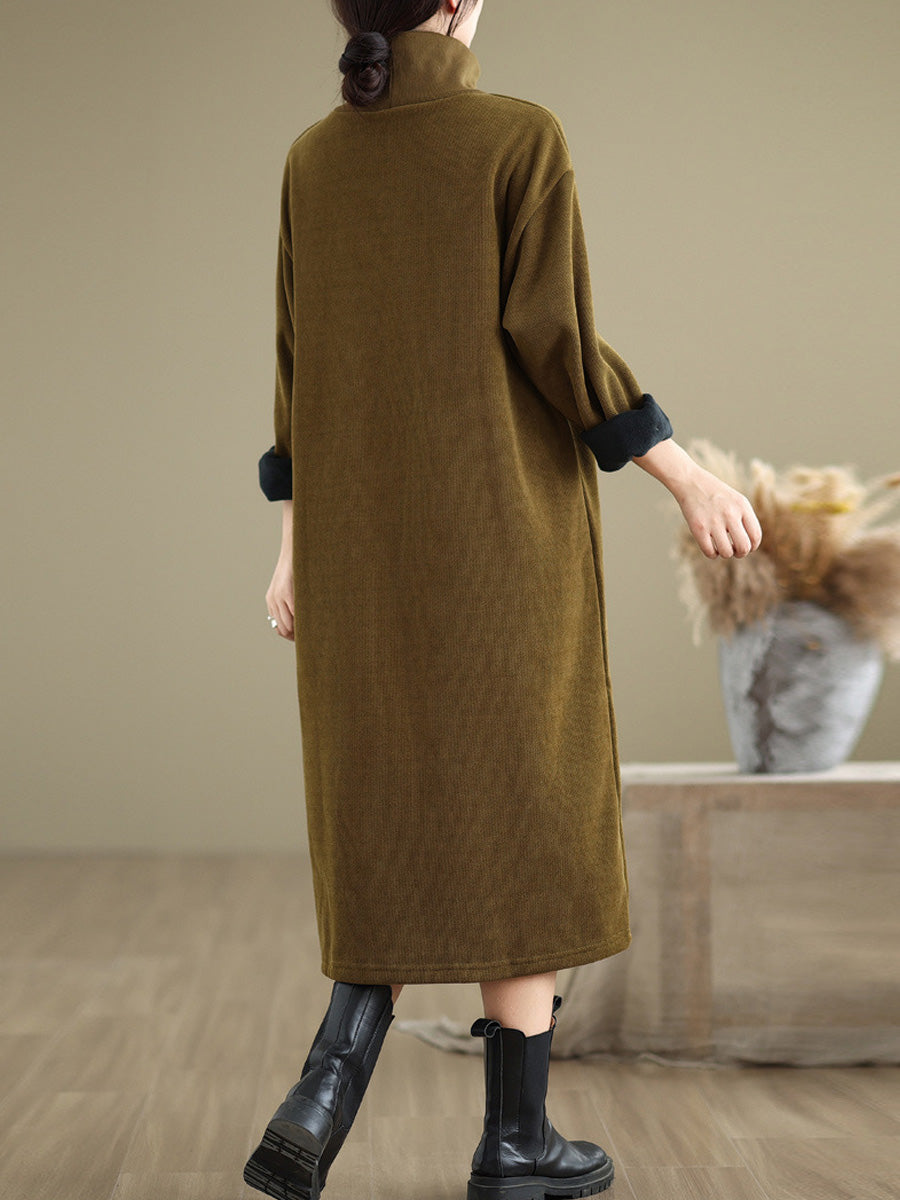 Women Winter Pure Color Fleece-lined Stand Collar Dress