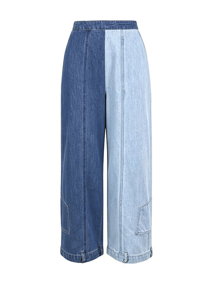 Loose Wide Leg Contrast Color Pockets Jean Pants Bottoms