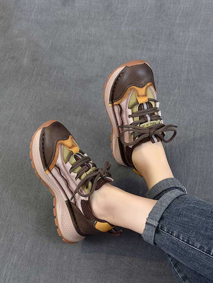 Women Retro Colorblock Leather Sport Platform Shoes