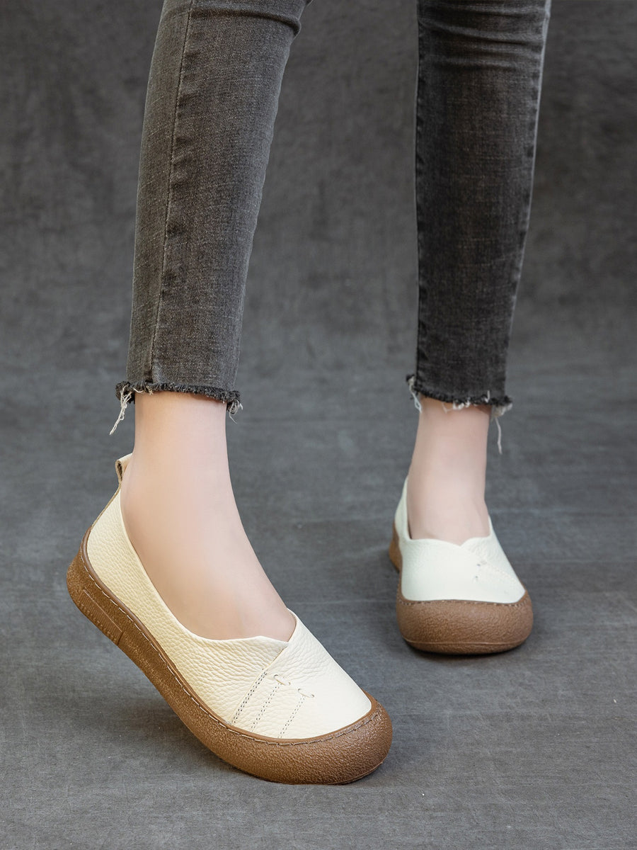 Women Casual Pure Color Genuine Leather Flat Shoes