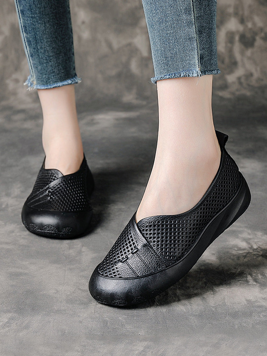 Women Summer Pure Color Leather Spliced Flat Shoes