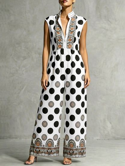 High Waisted Loose Contrast Color Pleated Pockets Polka-Dot Stand Collar Jumpsuits
