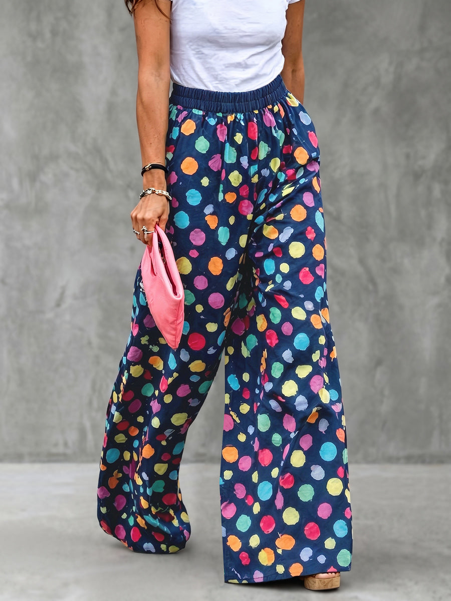 High Waisted Wide Leg Contrast Color Elasticity Pockets Polka Dot Pants Trousers