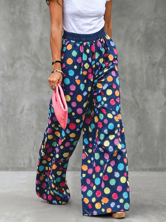 High Waisted Wide Leg Contrast Color Elasticity Pockets Polka Dot Pants Trousers