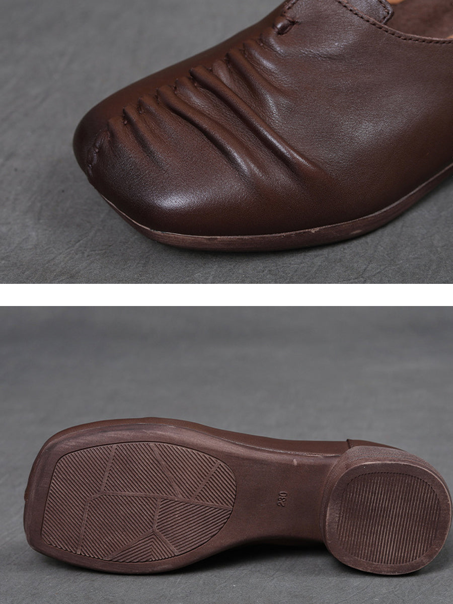 Women Vintage Genuine Leather Spliced Mid Heel Shoes