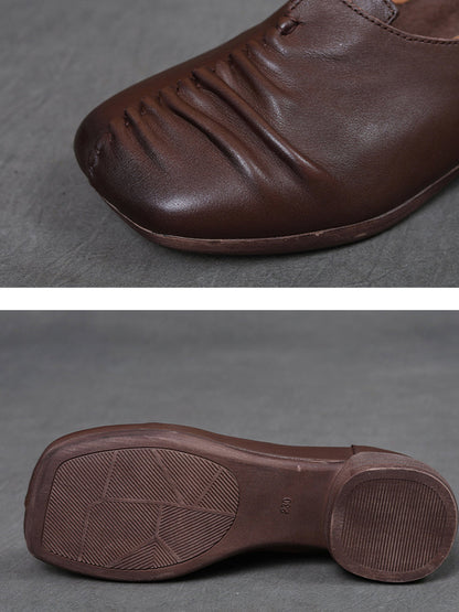 Women Vintage Genuine Leather Spliced Mid Heel Shoes