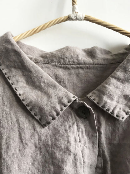 Women Autumn Retro Pure Color Linen Turn-down Collar Shirt