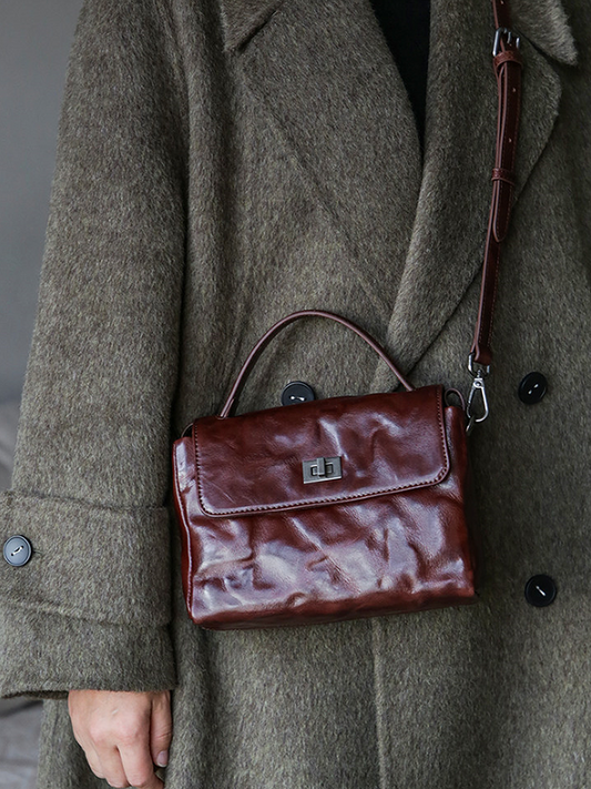 Vintage Crinkled Genuine Leather Square Bag
