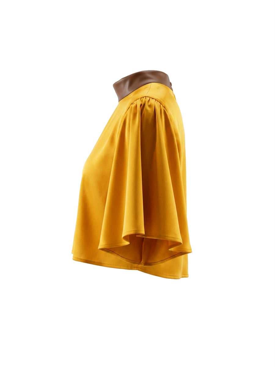 Cropped Flared Sleeves Contrast Color Pleated Stand Collar Blouses&Shirts Tops