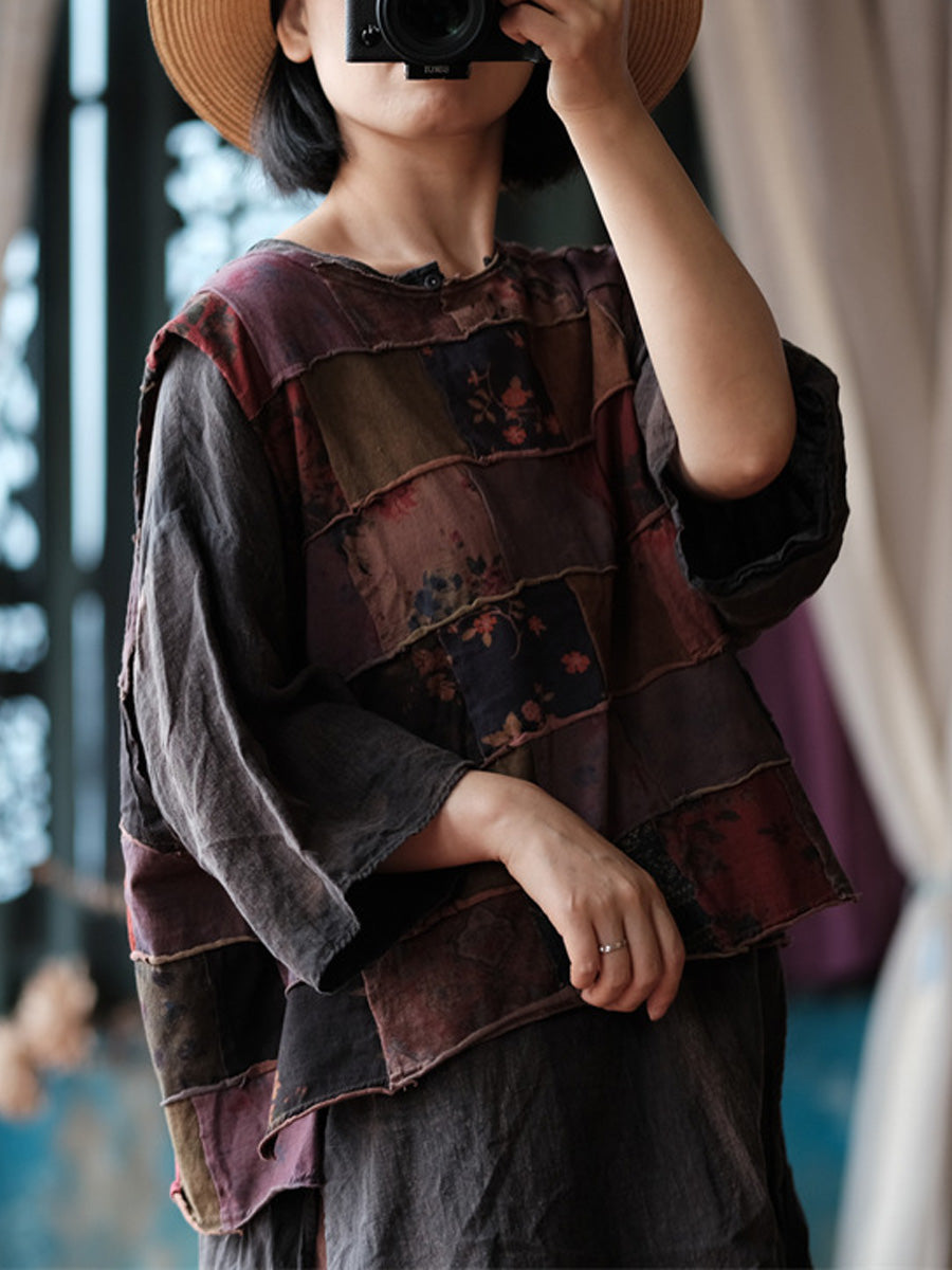 Women Autumn Retro Patchwork Cotton O-Neck Shirt