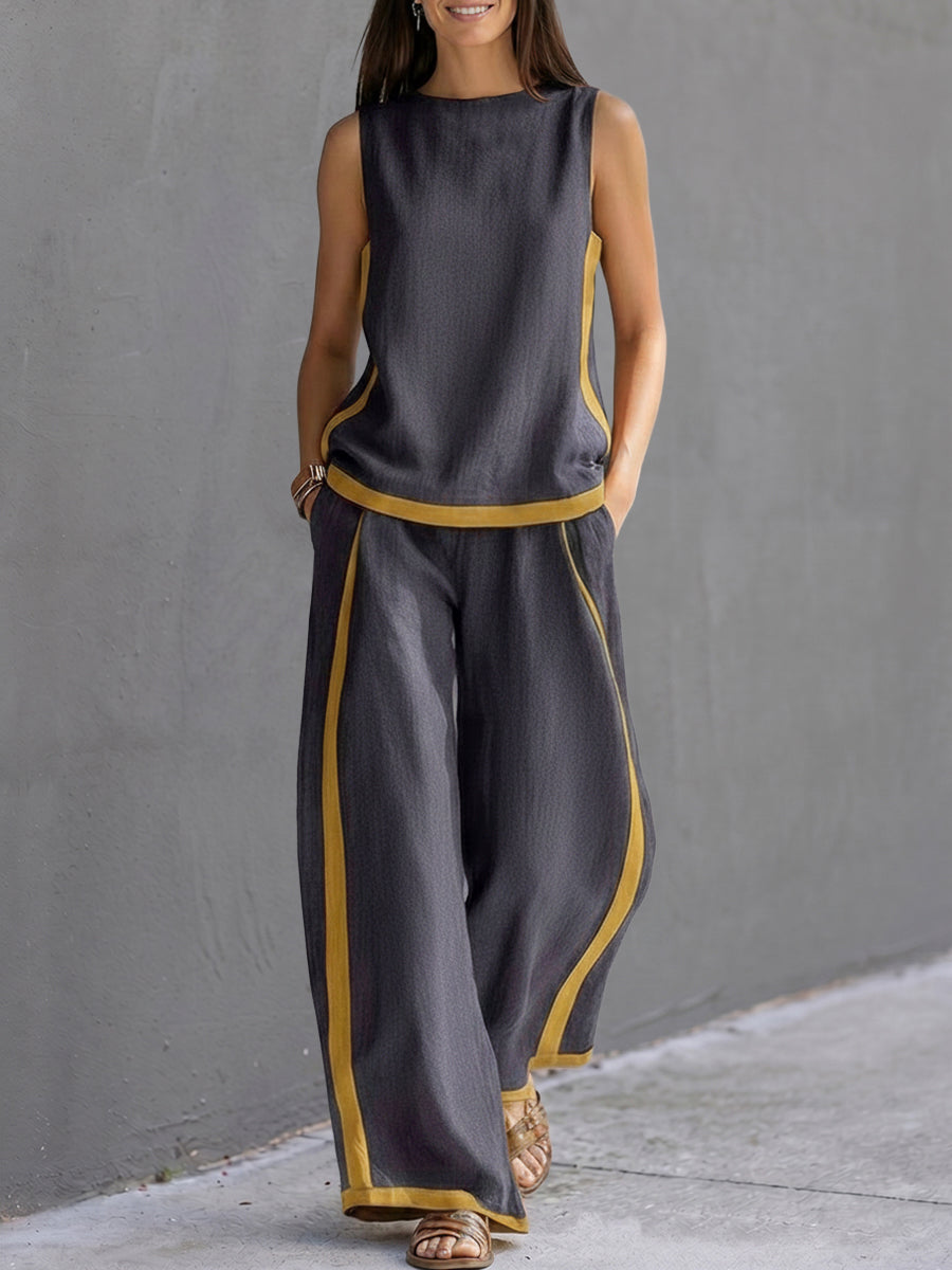 Contrast Color High Waisted Pants + Round-Neck Sleeveless Top Two Pieces Set