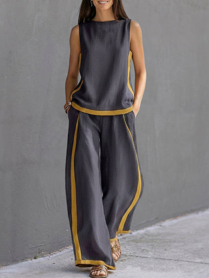 Contrast Color High Waisted Pants + Round-Neck Sleeveless Top Two Pieces Set