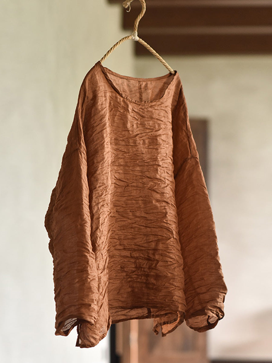 Plus Size Women Summer Solid Vintage O-Neck Split Hem Ramie Shirt