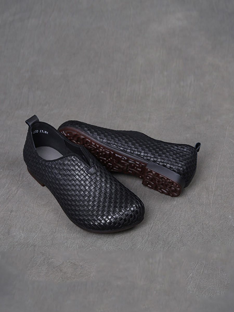 Women Autumn Vintage Genuine Leather Weave Shoes