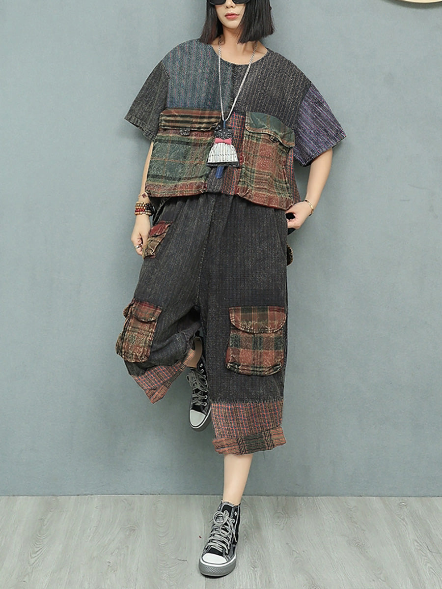 Plus Size Women Summer Vintage Patchwork Loose Suits