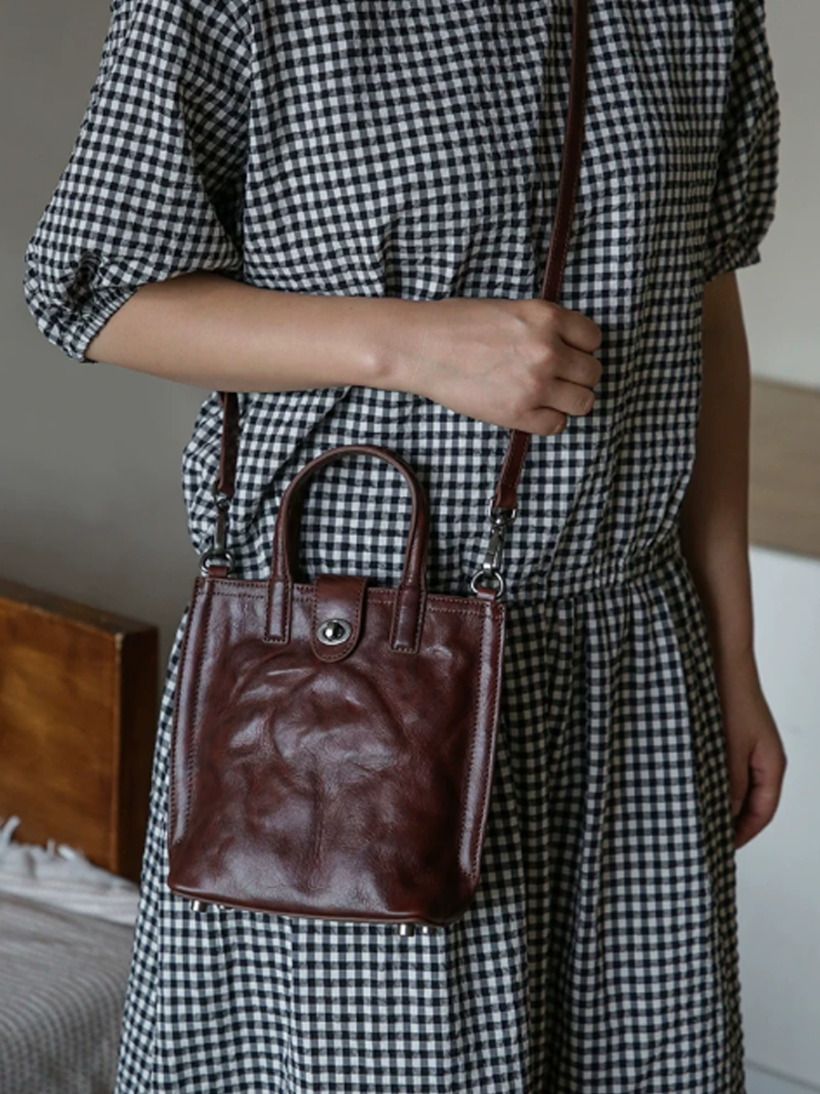 Vintage Crinkled Mini Tote Crossbody Bag