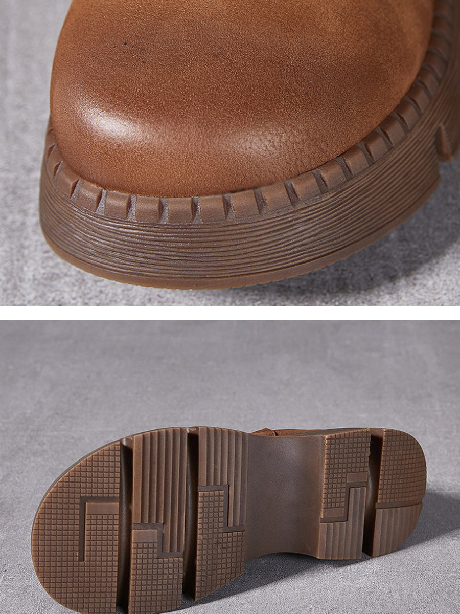 Women Vintage Autumn Genuine Leather Platform Ankle Boots