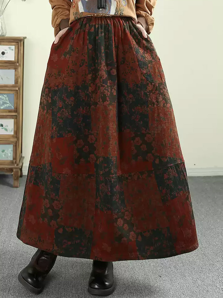 Women Autumn Artsy Flower A-Shape 100%Cotton Skirt