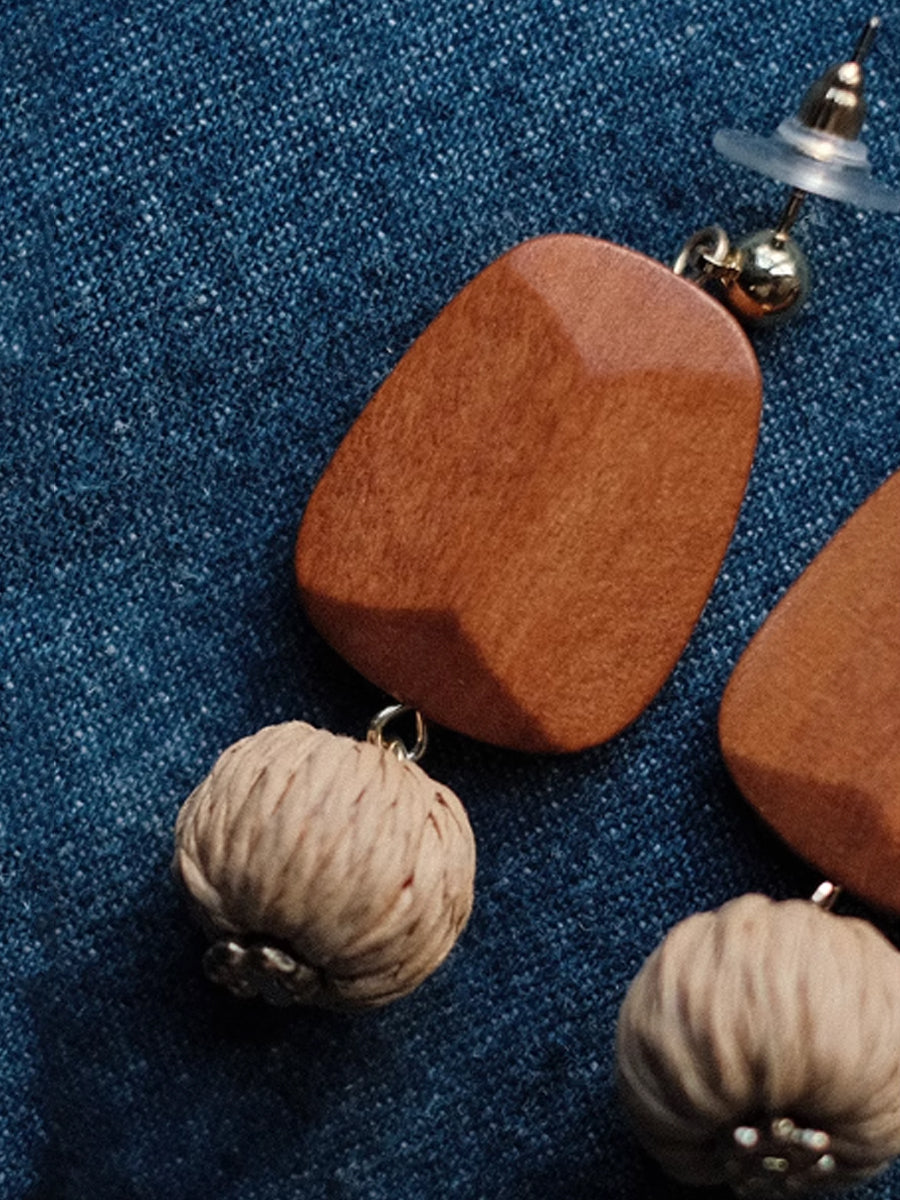 Women Bohemia Wooden Straw Weave Ball Earrings
